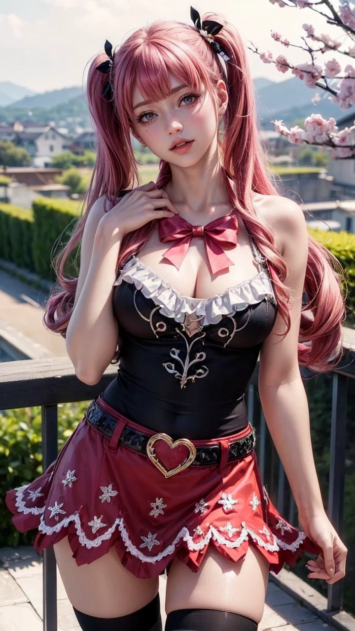 1girl, beautiful detailed eyes, beautiful detailed lips, extremely detailed eyes and face, long eyelashes, blushing, half body shot, lovely face, embarrassed expression, smiling at viewer, perona one piece, twin tails, goth costume, striped leggings, skirt, cherry blossoms, balcony background, (best quality, 8k, highres, masterpiece:1.2), ultra-detailed, (realistic, photorealistic, photo-realistic:1.37), vivid colors, physically-based rendering, extreme detail description, professional