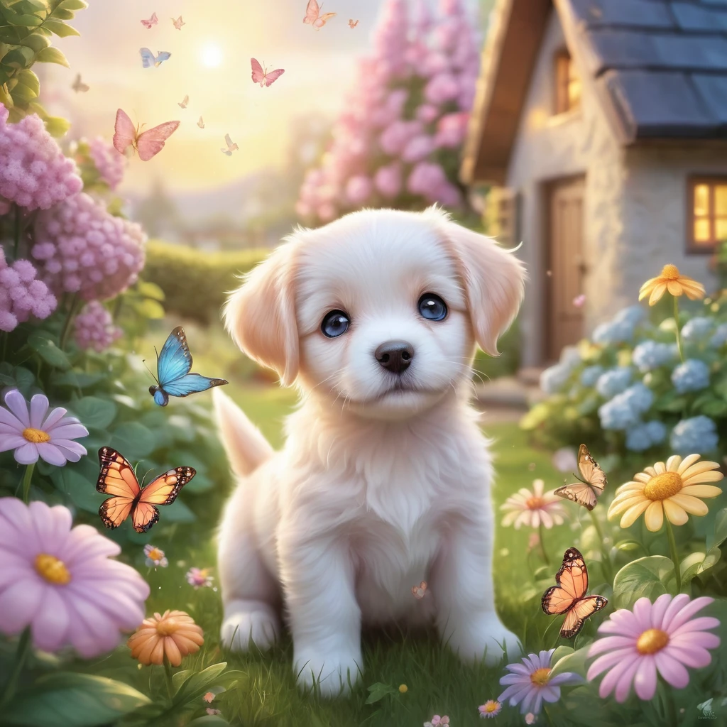 Create an incredibly charming and visually delightful image featuring an adorable dog. Picture a excited, wide-eyed puppy with a playful expression, playing amidst a whimsical garden filled with oversized, colorful flowers and fluttering butterflies. The puppy's fur is soft and shiny, with a unique pattern that makes it stand out. Surrounding the puppy are small, magical elements like glowing fireflies, tiny fairies, and sparkling dewdrops that add a touch of enchantment to the scene.
In the background, a cozy, picturesque cottage with a thatched roof and blooming vines can be seen, adding to the idyllic and magical atmosphere. The sky is a soft gradient of pastel colors, indicating either dawn or dusk, casting a gentle, warm light over the entire scene. The colors should be bright and cheerful, with a harmonious blend of natural tones and fantasy hues.
The entire image should evoke a sense of warmth, joy, and wonder, capturing the heart-melting cuteness of the puppy while immersing the viewer in a beautifully crafted, magical world.