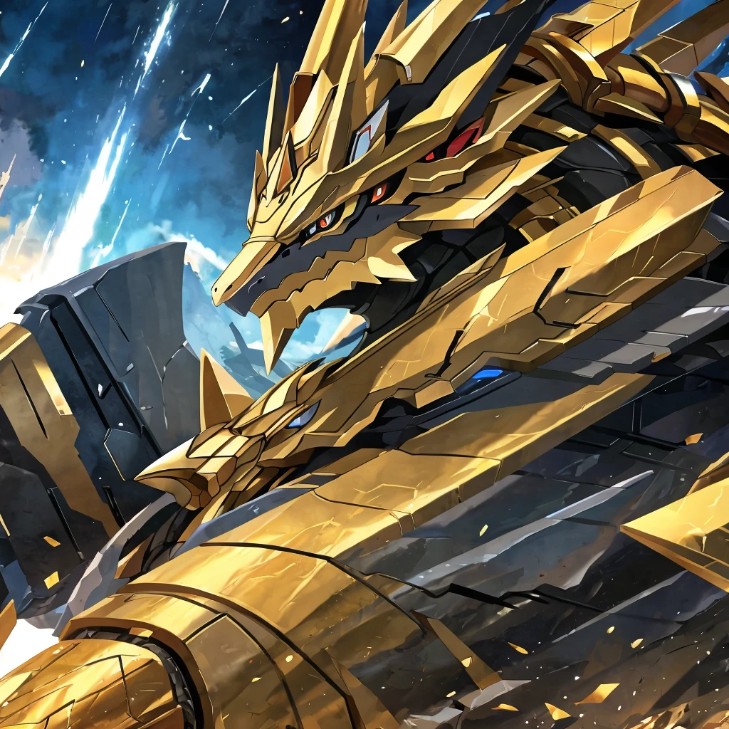 Close-up of an object like，Its body is shining,  Gold Paladin, Dragon Portrait, Cool mech style, Detailed anime artwork, Well-armored mechanical dragon, Detailed anime art, Anime Abstract Art, Detailed key animation art, Anime mecha aesthetics, Detailed digital anime art
