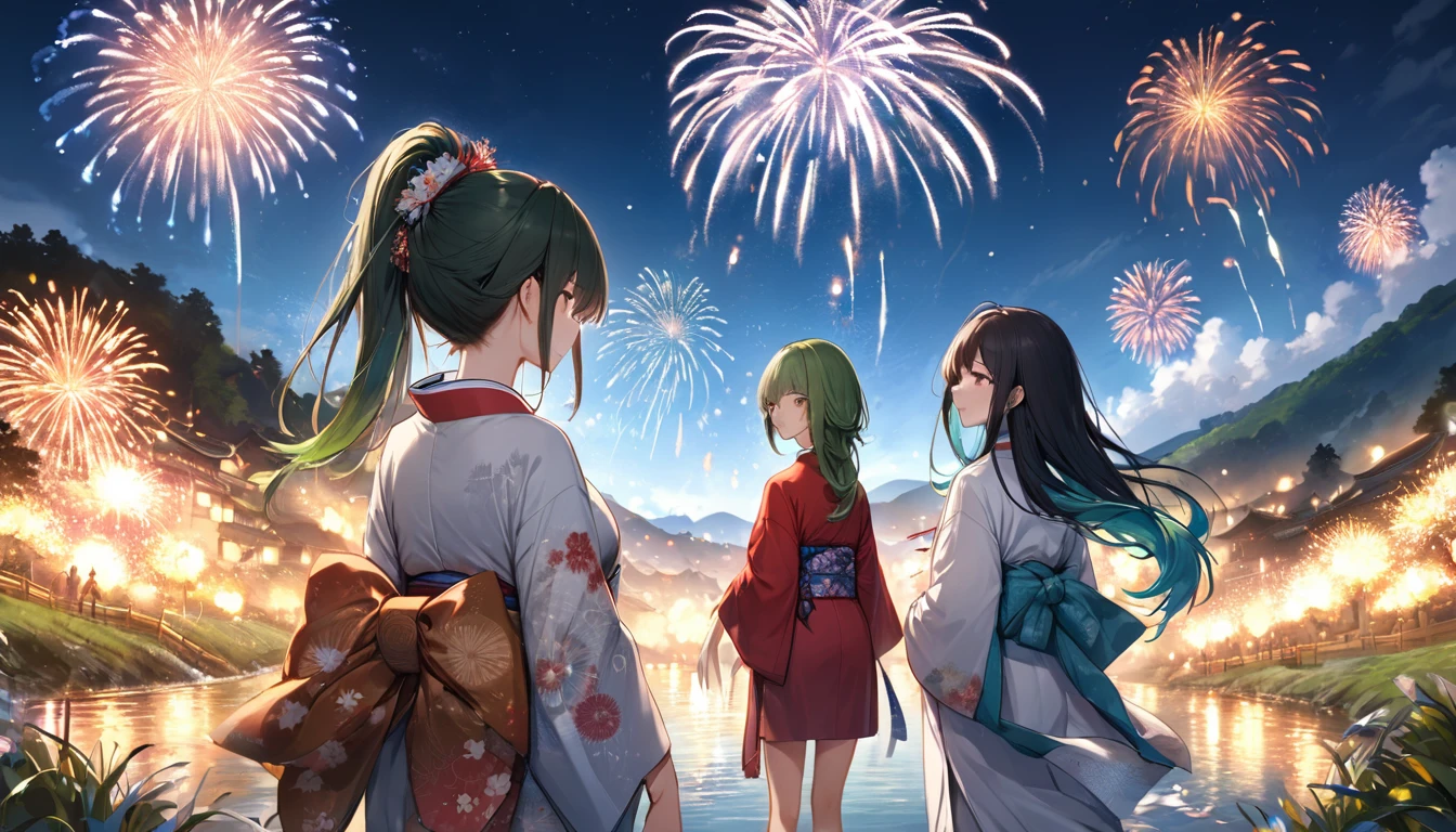 panoramic (in the night Countryside Tian Ying), (detailed background is Beautiful stream, full moon and many detailed fireworks), (back style, in a kimono), ((8girls)), look at fireworks, (1 girl is blue long hair, 1 girl is silver long hair, 1 girl is ponytail green hair, 1 girl is brown bob short hair, 1 girl is brown long hair, 3 girls are black long hair), BREAK, perfect anatomy, masterpiece, best quality, 16k, beautiful detailed grow, daydreaming expression.