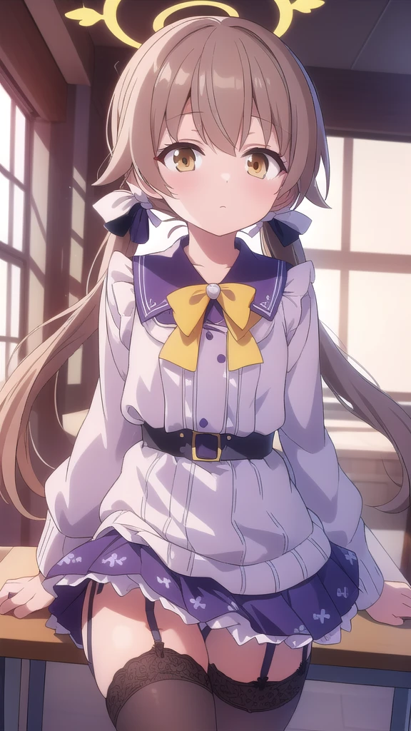 bluearchivehifumi, hifumi, brown hair, hair between eyes, hair bow, hair ribbon, halo, long hair, low twintails, sidelocks, twintails, wing hair ornament, (brown eyes:1.5), (flat chest:1.),
BREAK black pantyhose, black skirt, long sleeves, pantyhose, pleated skirt, ribbon, , serafuku, skirt,
BREAK looking at viewer,
BREAK indoors, classroom,
BREAK (masterpiece:1.2), best quality, high resolution, unity 8k wallpaper, (illustration:0.8), (beautiful detailed eyes:1.6), extremely detailed face, perfect lighting, extremely detailed CG, (perfect hands, perfect anatomy),(garter belt:1.6),(Purple underwear:1.4),
