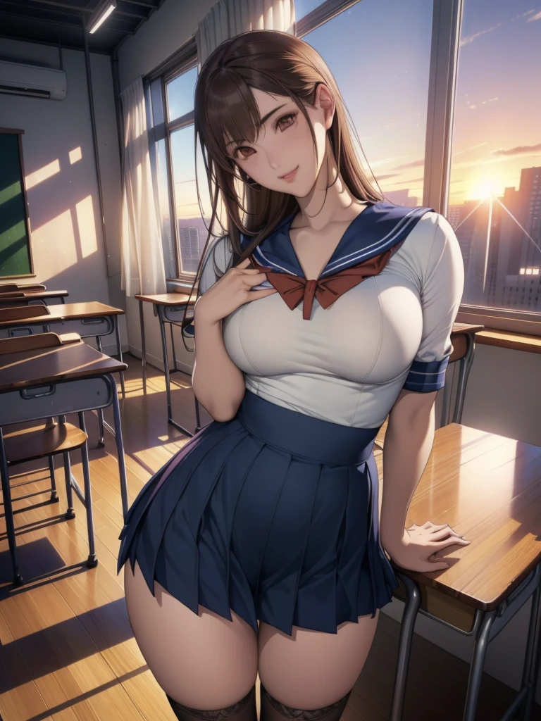 (8k,Realistic, Tabletop, Highest quality, RAW Photos:1.3)、One Girl, 18-year-old,alone,high school girl, Long Hair, Brown Hair, Beautiful face in every detail, Attractive face, (Beautiful brown eyes in every detail:1.2), Medium chest,(Underbust:1.0),(Covered nipples:0.99),(Loose Sailor Uniform :1.35), ( Slim beauty with perfect body: 1.4),( Seductive Pose:1.3), (View your viewers, Front view,Eyes focus:1.2), Detailed Background, (sunset:1.2), classroom,Fine details, Intricate details, Ray Tracing, Depth of written boundary, Captivating smile,classroom,