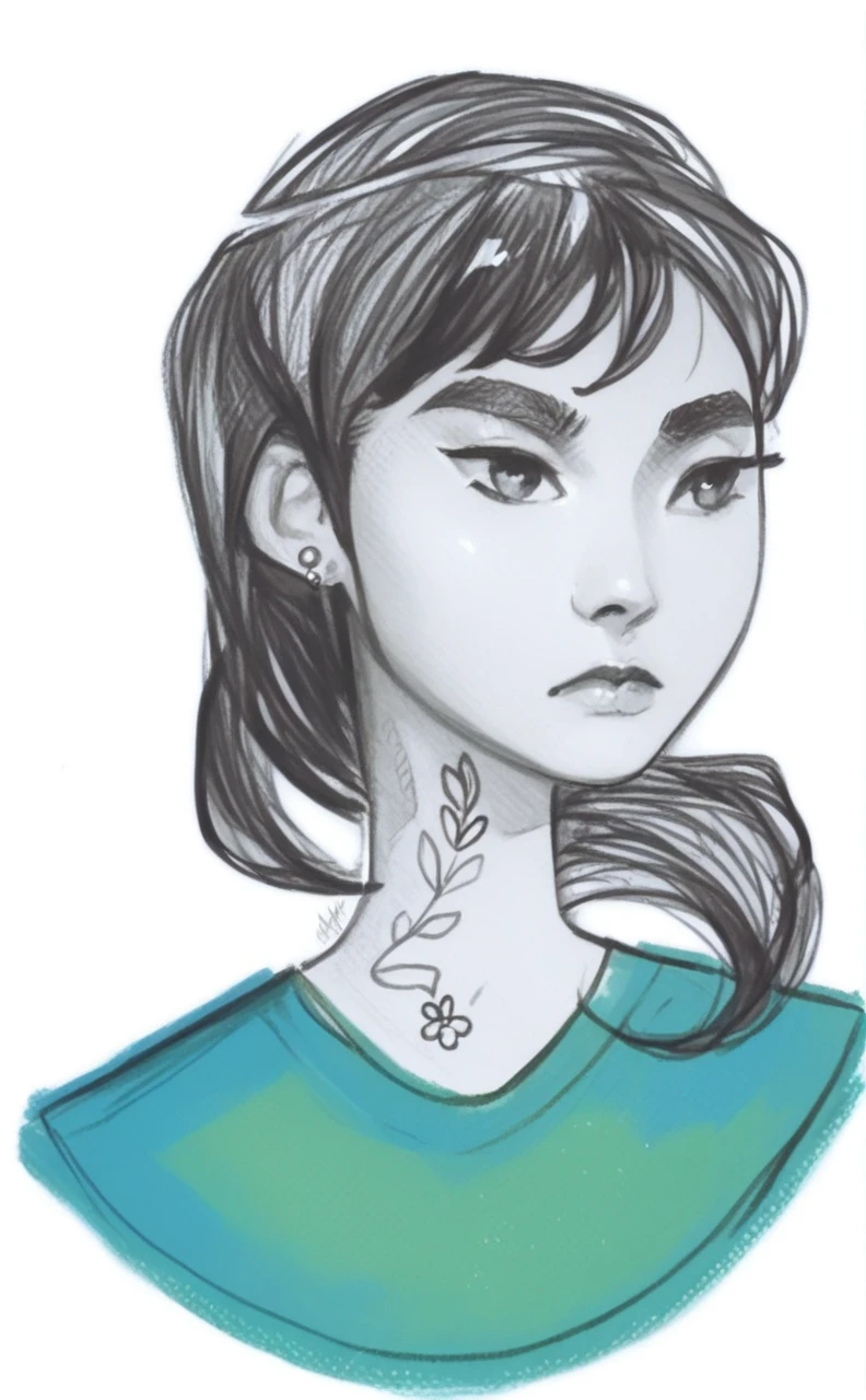 score_9, score_8_up, score_8, rating_safe, traditional art, 1girl, adamhughesstyle, minkostyle, realistic, black hair, loose untucked t-shirt, jeans pants, earrings, detailed
