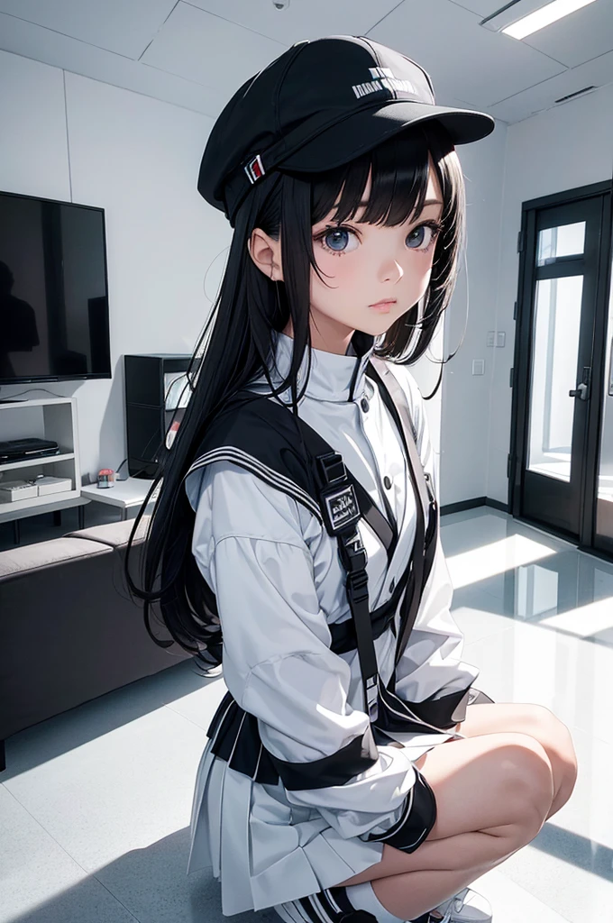 Top-Quality, Futuristic Atmosphere: 1.5,
japanese school girl (a la Jay Kay),tween, cute,detailed face, stylish hat: 1.4,black school-uniform: 1.3,
Dancing in a minimalistic white room: 1.5,Room without windows,A simple room with only a sofa,
Sleek, clean design with a glossy white floor: 1.4,
Subtle reflections on the floor,
Casual yet trendy outfit: 1.3,
Slightly surreal, reminiscent of the iconic music video 'Virtual Insanity' by jamiroquai,