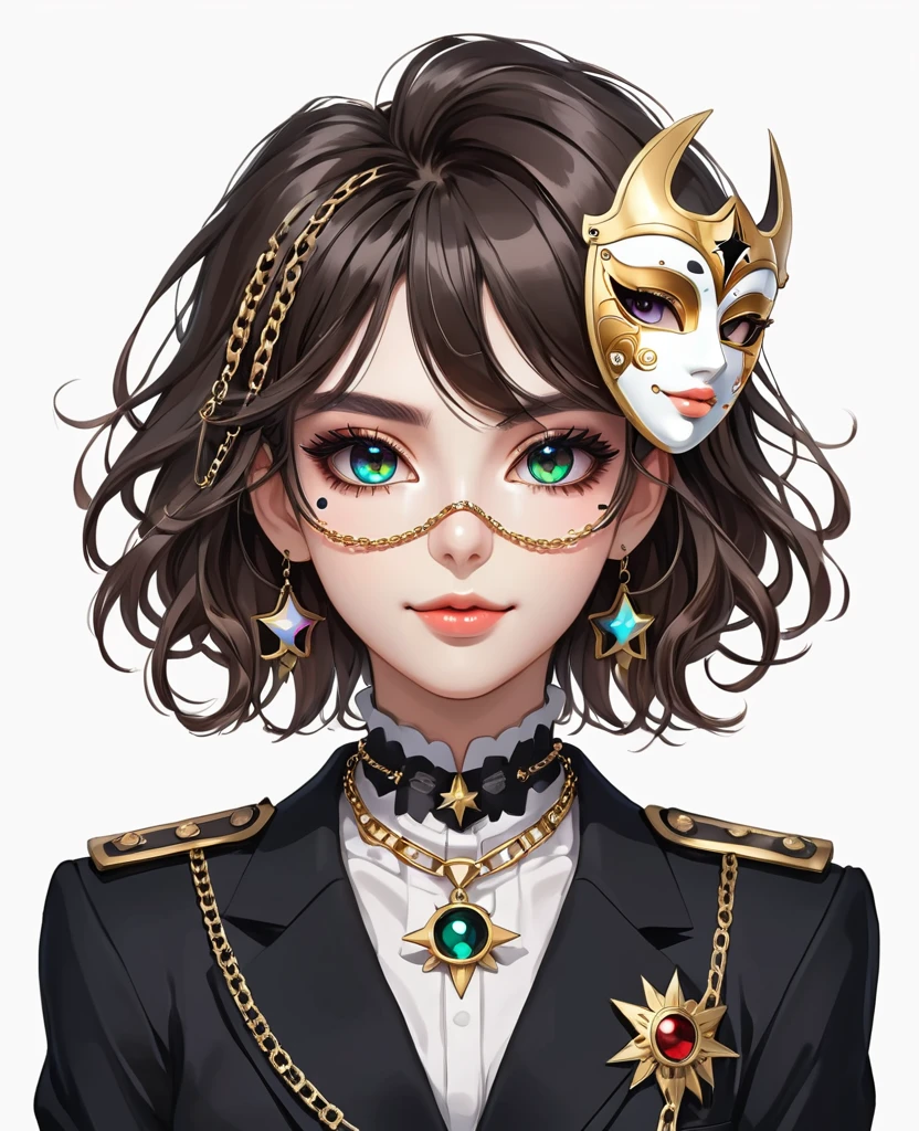 elegant girl in anime style, highly detailed portrait of a woman holding a mask, symmetrical composition, large colorful eyes, beautiful facial features, delicate makeup, sweet smile, stars on cheeks, deep gaze, poofy hairstyle with hair clips, black suit with epaulettes and chains, clean simple white background, anatomically correct human body