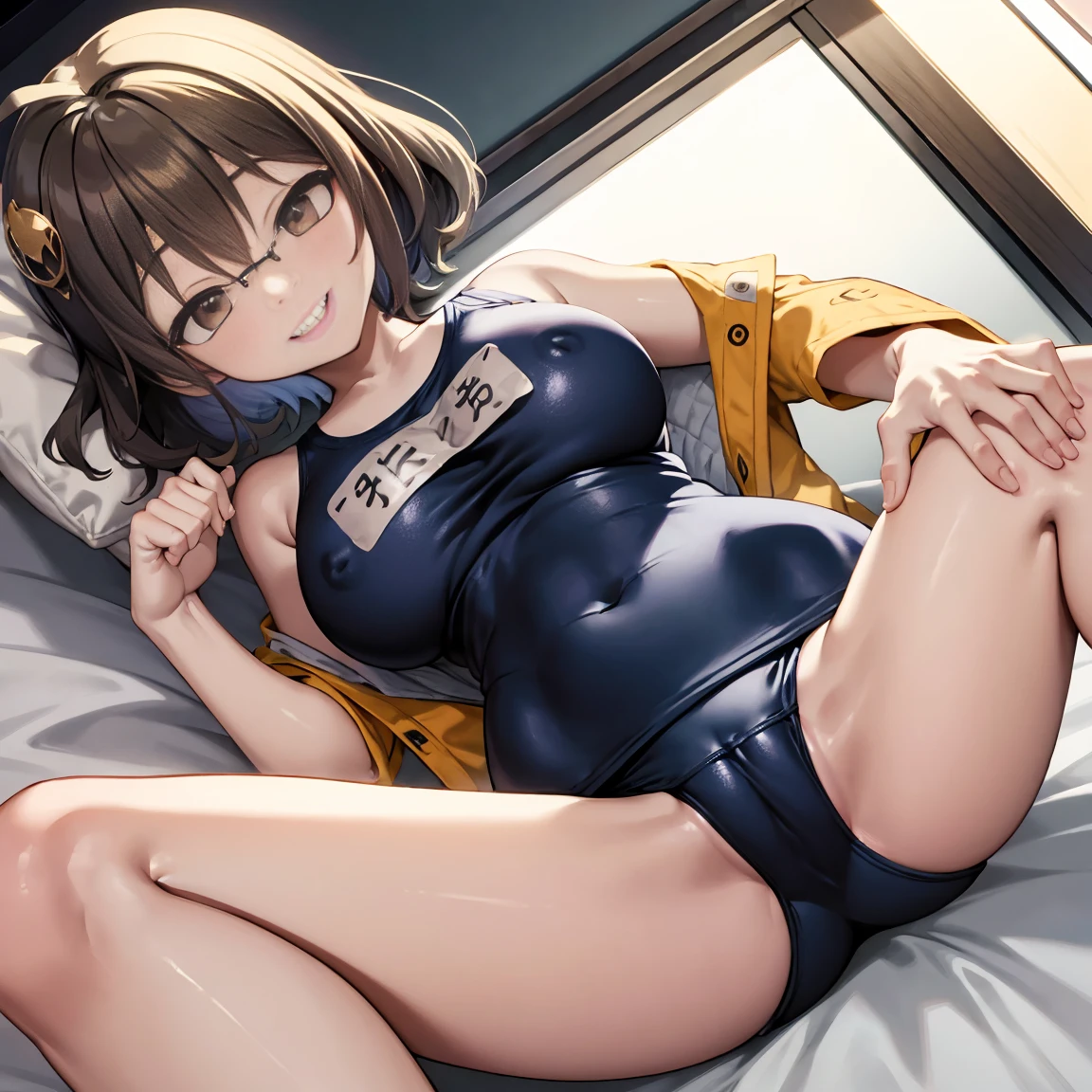 8k、masterpiece、Japanese、Woman wearing glasses、anise、from the front、smile、Childish、Big Breasts、Transparent school swimsuit、night、Bedroom、Spread your legs and show
