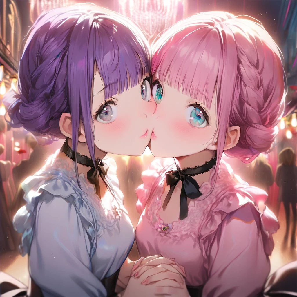 ( 2girls:1.5), (Twin girls, the same face, the same hairstyle, the same eyes, symmetrical posture, cheek-to-cheek,holding hands:1.5).2girls with closs hair pin,pale purple hair,wavy two braids,blunt bangs hair,green and black eyes,girls are wearing
pink shirt,cosplay, jirai kei, bangs, black skirt, black bow, looking at viewer, bow, long sleeves, choker, ribbon,pink lips, :1.4), (masterpiece:1.3), anime visual, (Lovey-dovey:1.5), (tilt head:1.3), extremely delicate face, soft clean focus, realistic lighting and shading, (an extremely delicate and beautiful art:1.3), elegant, (muted colors:1.1), small breast,slim,The Moulin Rouge in Paris, mysterious pink light, a slightly dark room,,smiling,night lit,