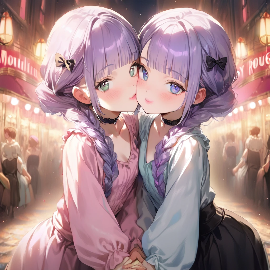 ( 2girls:1.5), (Twin girls, the same face, the same hairstyle, the same eyes, symmetrical posture, cheek-to-cheek,holding hands:1.5).2girls with closs hair pin,pale purple hair,wavy two braids,blunt bangs hair,green and black eyes,girls are wearing 
pink shirt,cosplay, jirai kei, bangs, black skirt, black bow, looking at viewer, bow, long sleeves, choker, ribbon,pink lips, :1.4), (masterpiece:1.3), anime visual, (Lovey-dovey:1.5), (tilt head:1.3), extremely delicate face, soft clean focus, realistic lighting and shading, (an extremely delicate and beautiful art:1.3), elegant, (muted colors:1.1), small breast,slim,The Moulin Rouge in Paris, mysterious pink light, a slightly dark room,,smiling,night lit,