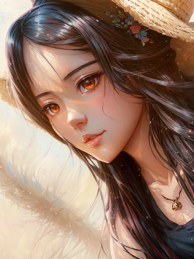 anime girl with long black hair wearing a straw hat, anime style 4 k, beautiful anime portrait, anime moe artstyle, anime art wallpaper 4k, anime art wallpaper 4 k, high quality anime artstyle, anime style portrait, guweiz, artwork in the style of guweiz, detailed digital anime art, anime art wallpaper 8 k, cute anime girl portraits