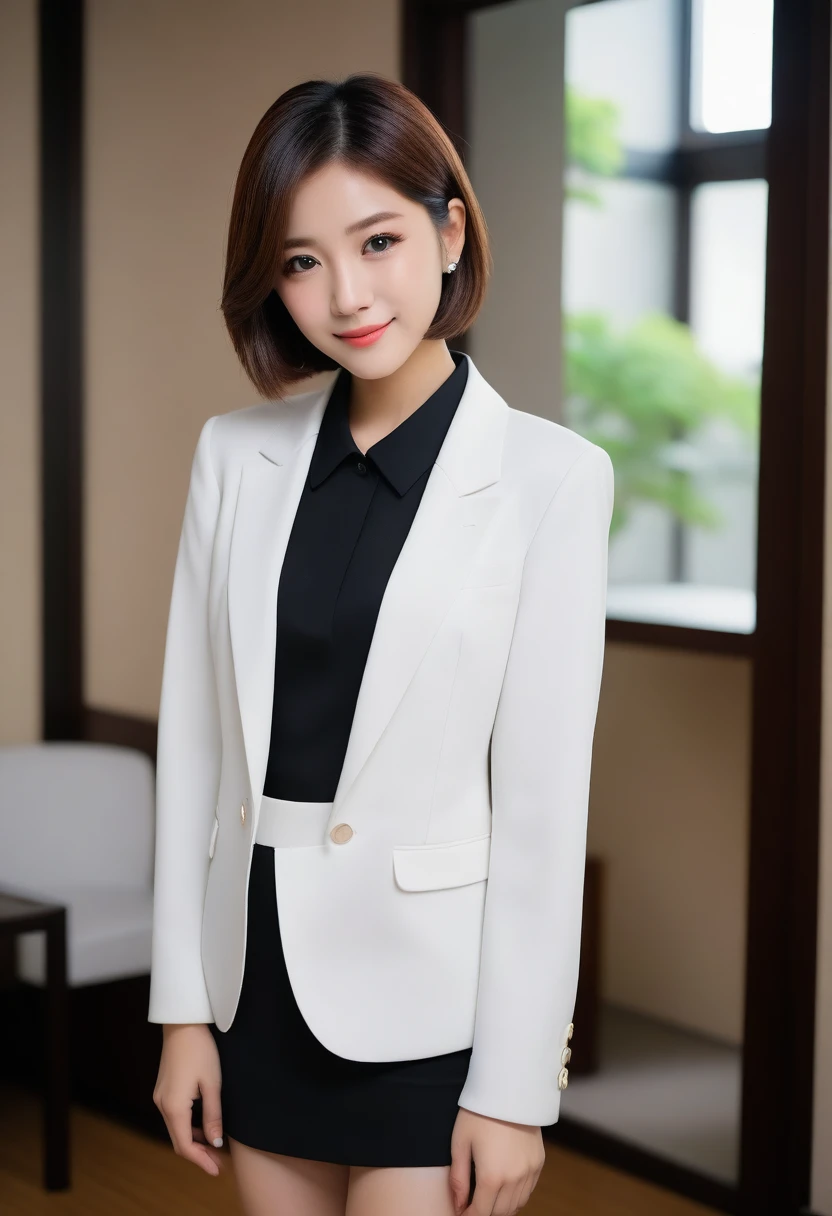 8k, Ultra-high resolution, Highest quality, masterpiece, 三分割法によるphotograph,Surreal, photograph, 1 girl, (16 years old:1.3), pretty girl, Cute face, Beautiful eyes in every detail, 細かくdetailedに,masterpiece,, One Girl:1.2, Japan Female Announcer,Young Wife,Urban area,whole body, Beautiful Face, (Skin with attention to detail:1.2), wearing black formal blazer,Black high heels、Black Pencil Skirt、Short Bob,Looking at the audience、beauty,Long neck、Laugh a little、Please close your mouth and laugh、(((Ideal body type))),A-cup small breasts :2,、Portraiture:2、Perfect Anatomy、鮮明なdetailed、detailed、Surreal、Light and shadow,Strong light