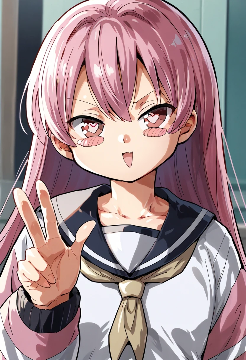 score_anime, score_9, score_8_up, score_7_up, masterpiece, best quality, KiliuP,
1girl, solo, upper body, blush, blush stickers, collarbone, hair between eyes, hair intakes, head tilt, heart, heart-shaped pupils, long hair, long sleeves, neckerchief, open mouth, pink eyes, pink hair, sailor collar, shirt, sidelocks, sleeves past wrists, striped, striped socks, symbol-shaped pupils, v-shaped eyebrows, white footwear, white shirt