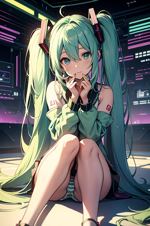 Hatsune Miku, Vocaloid, beautiful, Detailed face, , colorful, bright, whole body Green ed panties