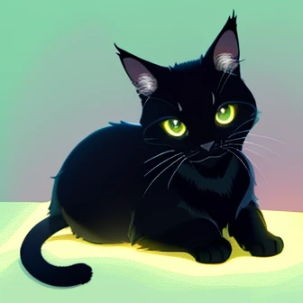 Cute black cat, Colorful background, Vibrant colors, Fine fur, Glowing yellow eyes,  Big eyes, Natural light, high quality, Intricate details, Studio Lighting, 8k, masterpiece, Little, Flat Color, Line art, Big Head, 2 heads, 