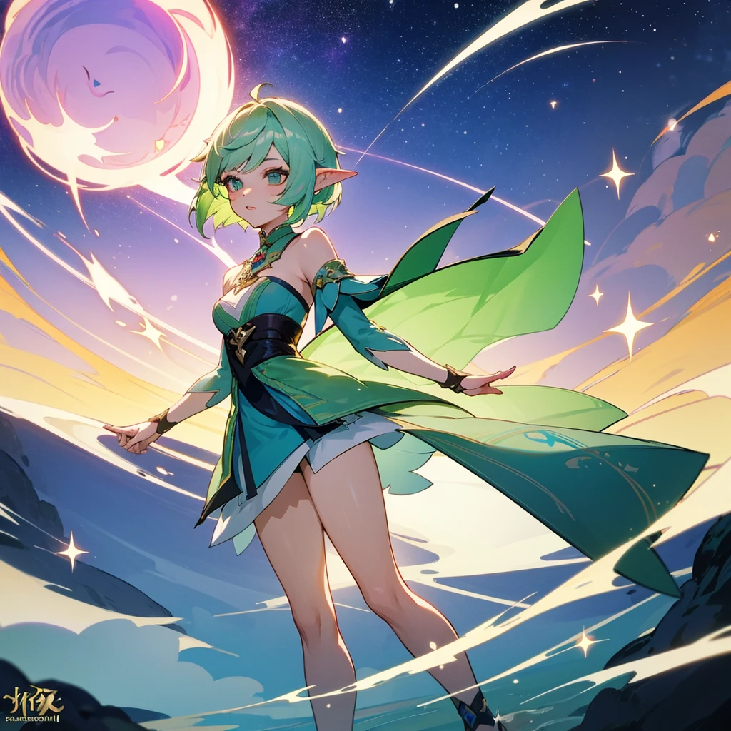 Pretty, beautiful, elf girl, elf, green hair, short hair, pretty hair, beautiful body, genshin impact design, fashion, fashion design, genshin impact, video game, full body, pretty face, starry clothes, star, Genshin Splash art.