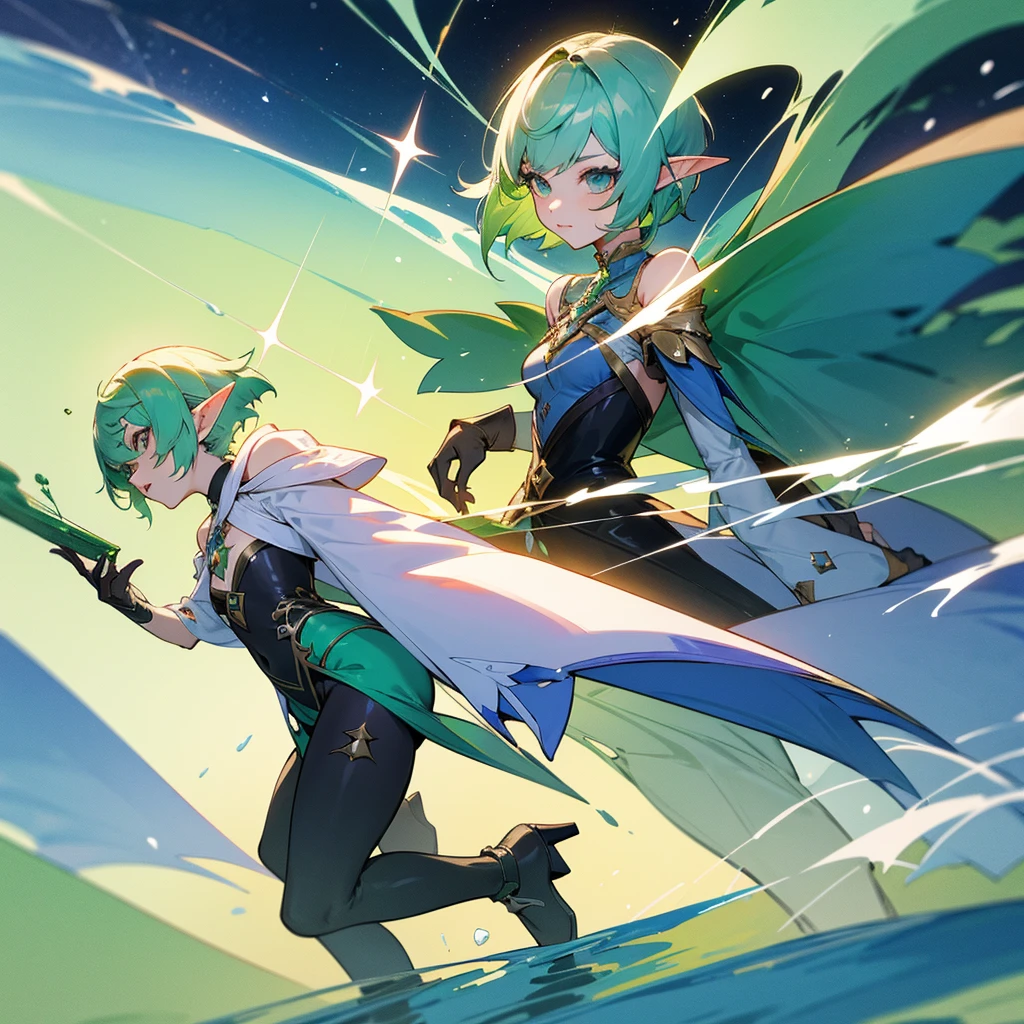 Pretty, beautiful, elf girl, elf, green hair, short hair, pretty hair, beautiful body, genshin impact design, fashion, fashion design, genshin impact, video game, full body, pretty face, starry clothes, star, Genshin Splash art.