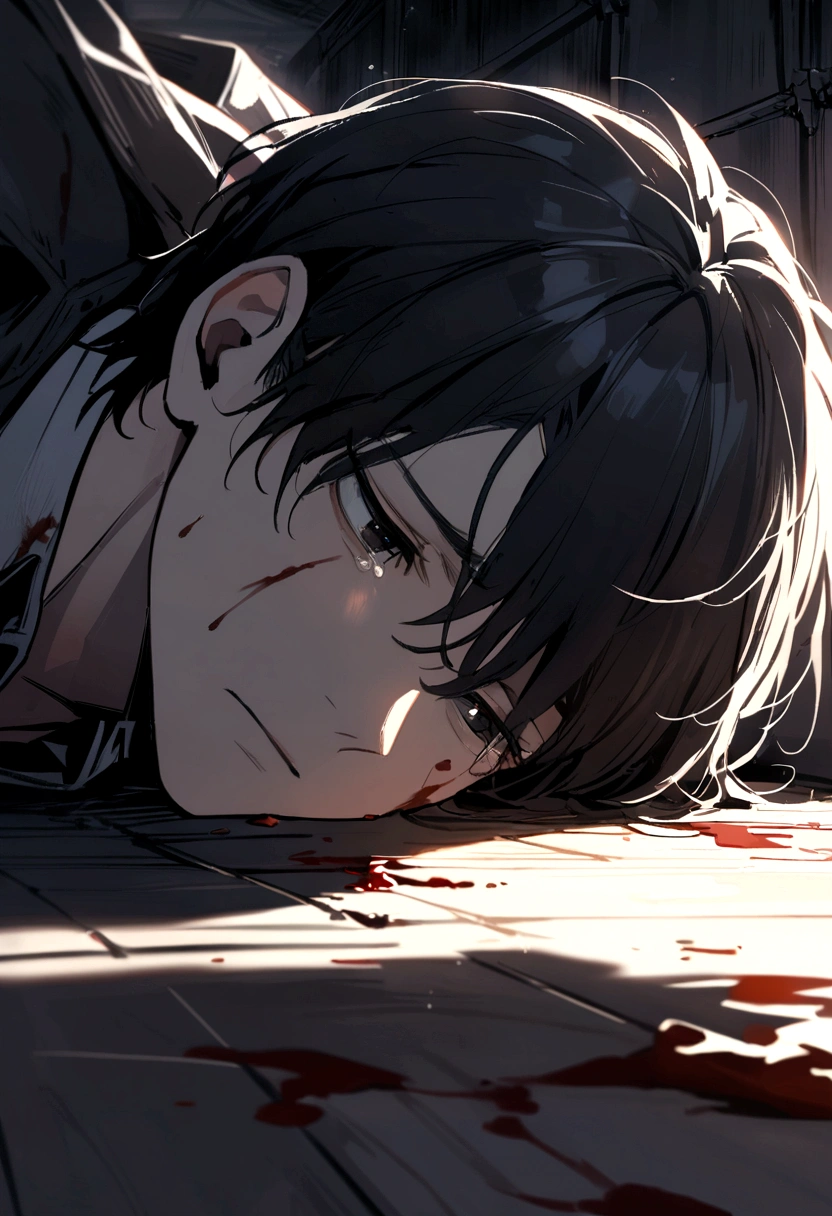a man, short black hair, one black eye, looking forward, a single tear fell down his face, lying on the floor of a dark warehouse with a little blood on the floor,