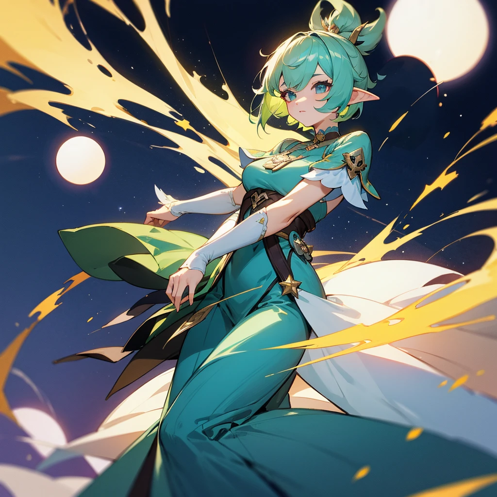 Pretty, beautiful, elf girl, elf, green hair, short hair, pretty hair, beautiful body, genshin impact design, fashion, fashion design, genshin impact, video game, full body, pretty face, starry clothes, star, Genshin Splash art.