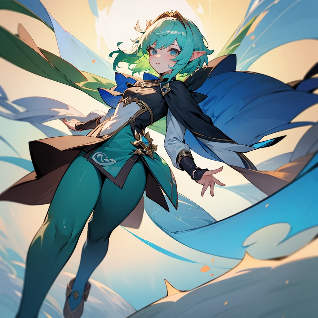 Pretty, beautiful, elf girl, elf, green hair, short hair, pretty hair, beautiful body, genshin impact design, fashion, fashion design, genshin impact, video game, full body, pretty face, starry clothes, star, Genshin Splash art.