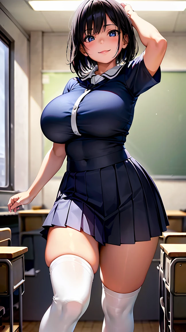 extremely detailed CG, super detailed skin, perfect anatomy, dynamic lighting, beautiful detailed eyes, (Photorealistic:1.4), Japanese Girls, (1 Girl), (young girl :1.6), Black Hair, Short Hair, blue eyes, Beautiful Eyes, Wide double eyelids, smile, (Huge breasts:1.3), (Curvy:1.4), (short sleeve, pleated skirt:1.5), (white knee high socks:1.5)、(sunny:1.2), Are standing、arms behind back、 (classroom:1.5)、(children:1.8)