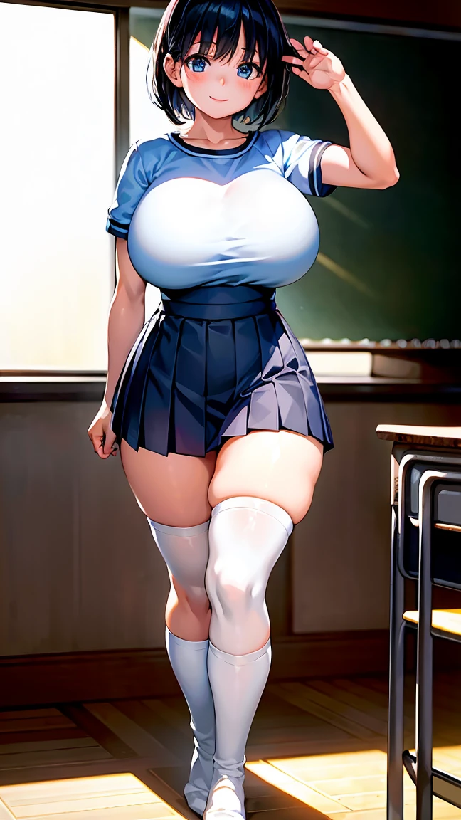 extremely detailed CG, super detailed skin, perfect anatomy, dynamic lighting, beautiful detailed eyes, (Photorealistic:1.4), Japanese Girls, (1 Girl), (young girl :1.6), Black Hair, Short Hair, blue eyes, Beautiful Eyes, Wide double eyelids, smile, (Huge breasts:1.3), (Curvy:1.4), (short sleeve, pleated skirt:1.5), (white knee high socks:1.5)、(sunny:1.2), Are standing、arms behind back、 (classroom:1.5)、(children:1.8)