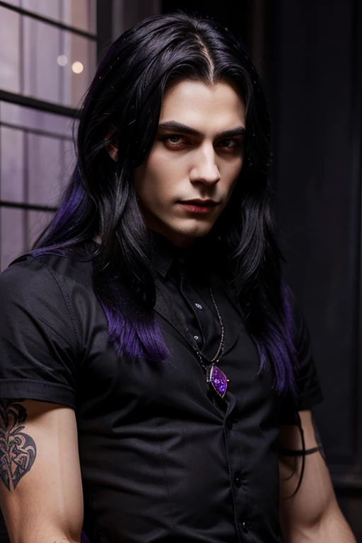 young handsome hetero Man Jinx Edward vampire with big indigo-eyes and gems and long black hair