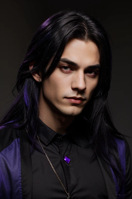 young handsome hetero Man Jinx Edward vampire with big indigo-eyes and gems and long black hair