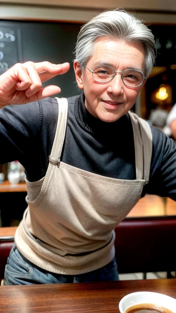 An old man with gray hair and an eyepatch、Funny pose、Teasing the waiter at the coffee shop