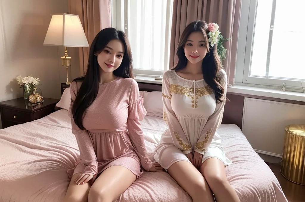 A beautiful woman standing in a bedroom, Wearing A flowing pink super mini dress with delicate gold embroidery_long sleeve, Very cute face, bright face, and very pretty eyes, Long black hair, Huge breasts、 Curvy body, Long legs, wide hips, thick thighs, Front view, full body, photo poses, Slim and sexy body, Tall and expensive woman, correct Anatomically, smile and looking at viewer, luxury bedroom room, lamp, flower, big glass window. Day light