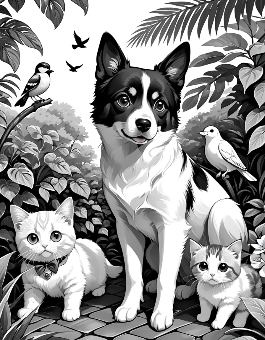 Generate a prompt for another AI to create grayscale images for coloring, themed around cute animals including dogs, cats, and birds.