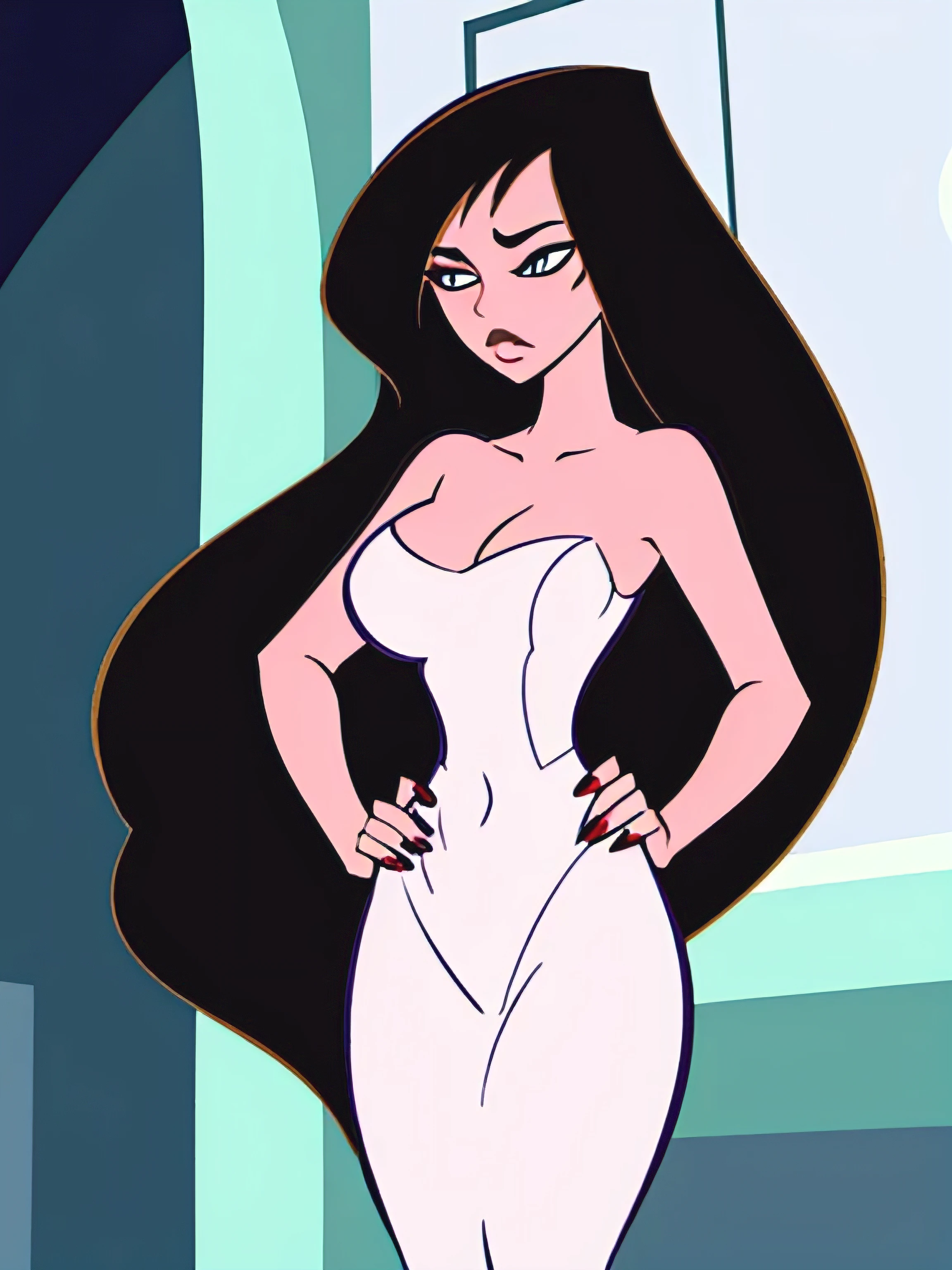 Beautiful, masterpiece, Best quality, very detailed face, moonlight, 2 girls, kiss, perfect body, seductive, pomade, I look at the viewer, wide hips, Medium breasts, black hair with white lines,Long flowing hair, lip shape:ruby, (Body shape:Scales), see-through peignoir,Black peignoir, girl horny, full length, lying on the side, Sexy, Bedroom, Naked