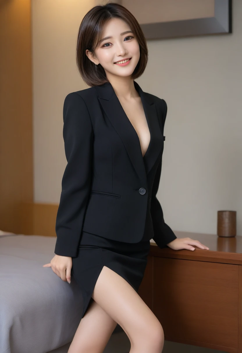8k, Ultra-high resolution, Highest quality, masterpiece, 三分割法によるphotograph,Surreal, photograph, 1 girl, (16 years old:1.3), pretty girl, Cute face, Beautiful eyes in every detail, 細かくdetailedに,masterpiece,, One Girl:1.2, Japan Female Announcer,Young Wife,Urban area,whole body, Beautiful Face, (Skin with attention to detail:1.2), wearing black formal blazer,Black high heels、Black Pencil Skirt、Short Bob,Looking at the audience、beauty,Long neck、Laugh a little、Please close your mouth and laugh、(((Ideal body type))),A-cup small breasts :2,、Portraiture:2、Perfect Anatomy、鮮明なdetailed、detailed、Surreal、Light and shadow,Strong light