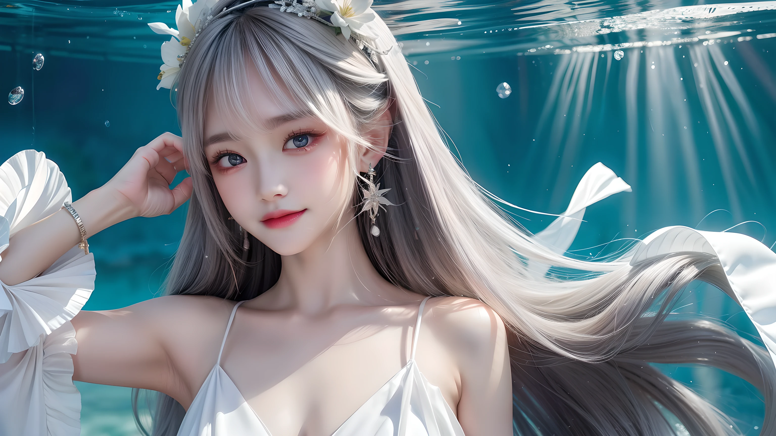 1 girl ,earrings,precious stones ,sash,underwater,White flower ,Akame,Behold, gray hair,clavicle,length、generally、Kamimei、looking at the viewer、white dress、Red Heavenly Woman's Robe、cleavage、close up of smiling face、beautiful eyes