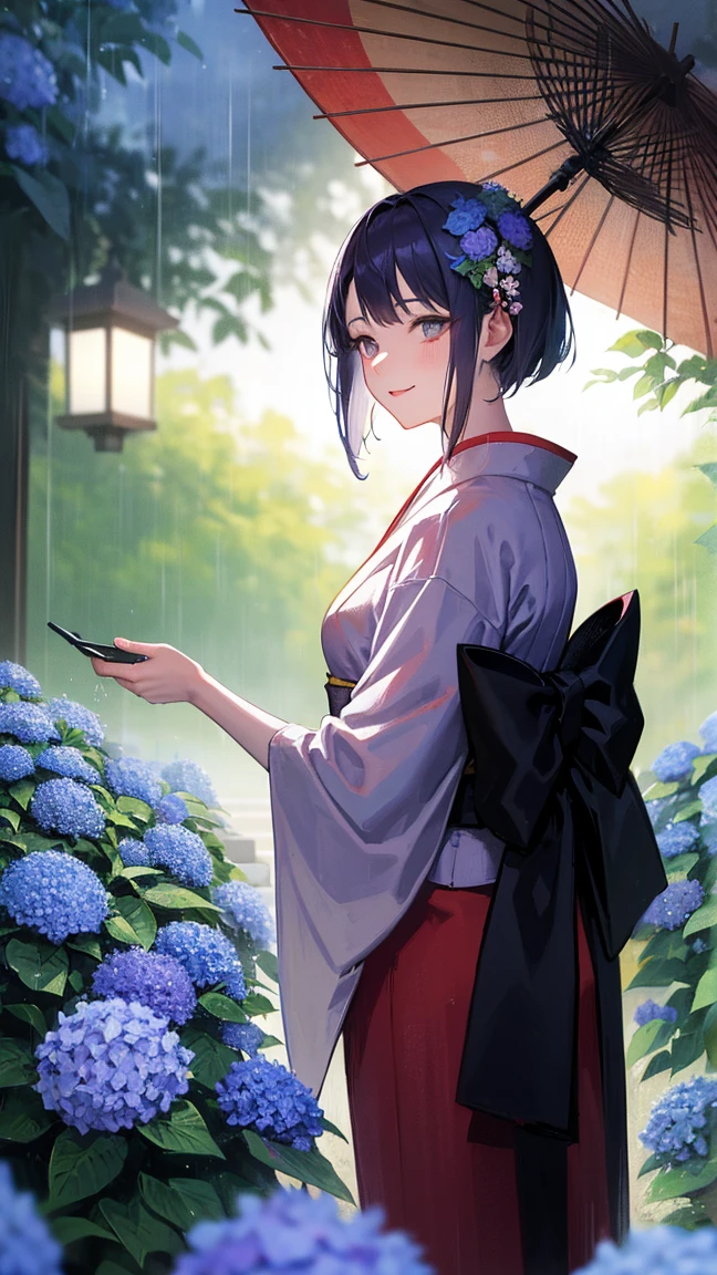 A beautiful, mature woman in a traditional Japanese kimono, standing in a Japanese garden filled with blooming hydrangeas. She is holding an umbrella, facing forward, and smiling gently. The background is a rainy scene with soft, blurred rain effects to highlight the woman and the hydrangeas. The illustration is in the style of Japanese anime, with detailed, vibrant colors.