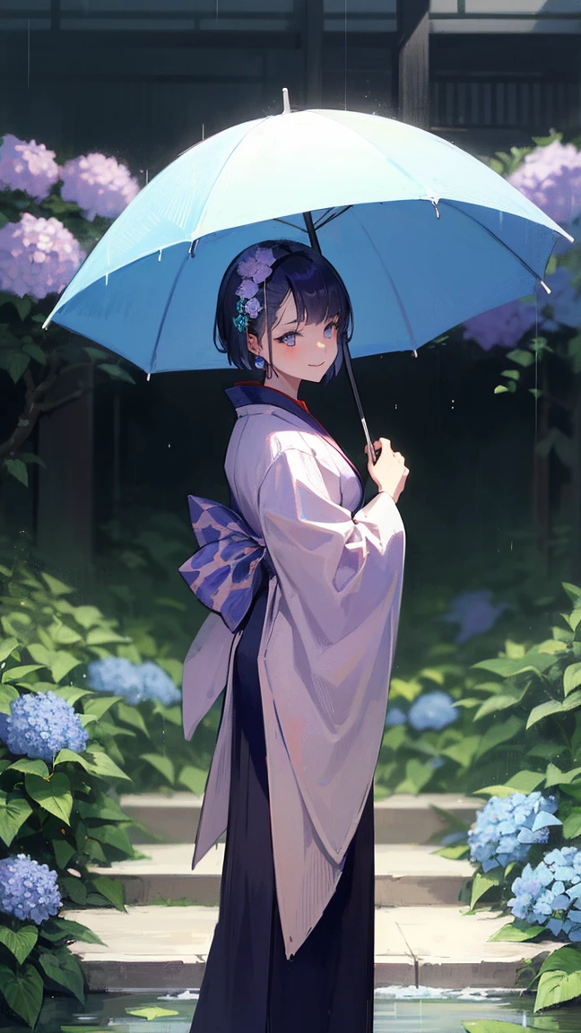 A beautiful, mature woman in a traditional Japanese kimono, standing in a Japanese garden filled with blooming hydrangeas. She is holding an umbrella, facing forward, and smiling gently. The background is a rainy scene with soft, blurred rain effects to highlight the woman and the hydrangeas. The illustration is in the style of Japanese anime, with detailed, vibrant colors.
