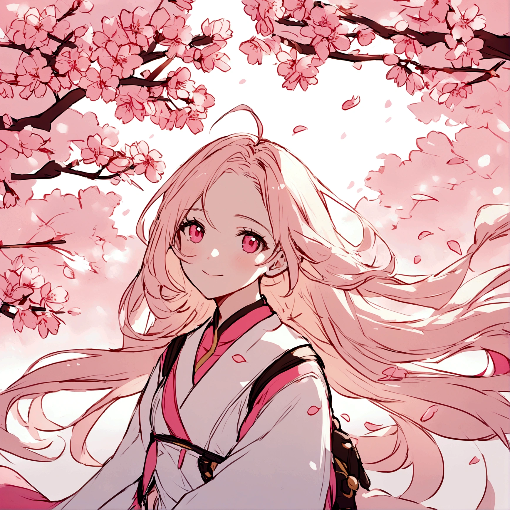 Pink mercy with long hair from overwatch surrounded by cherry blossoms in flight