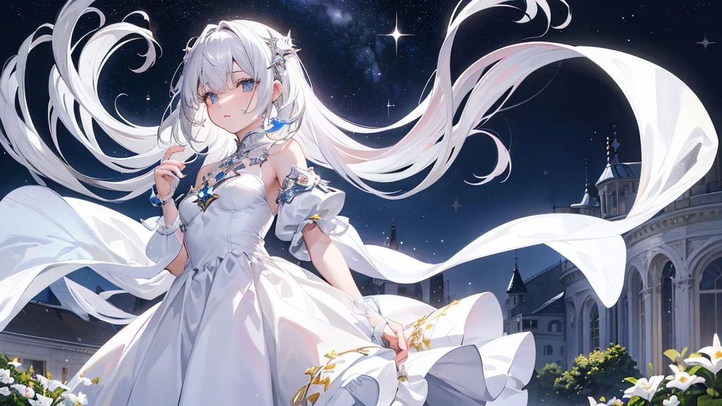 silver hair, hair over eyes, jewelry, sad, parted lips, crossed bangs, floating hair, crystal hair, empty eyes, Renaissance, sparkle, masterpiece, best quality,White Dress,Girl,night,star,whole body,garden,Bob Hair,Young