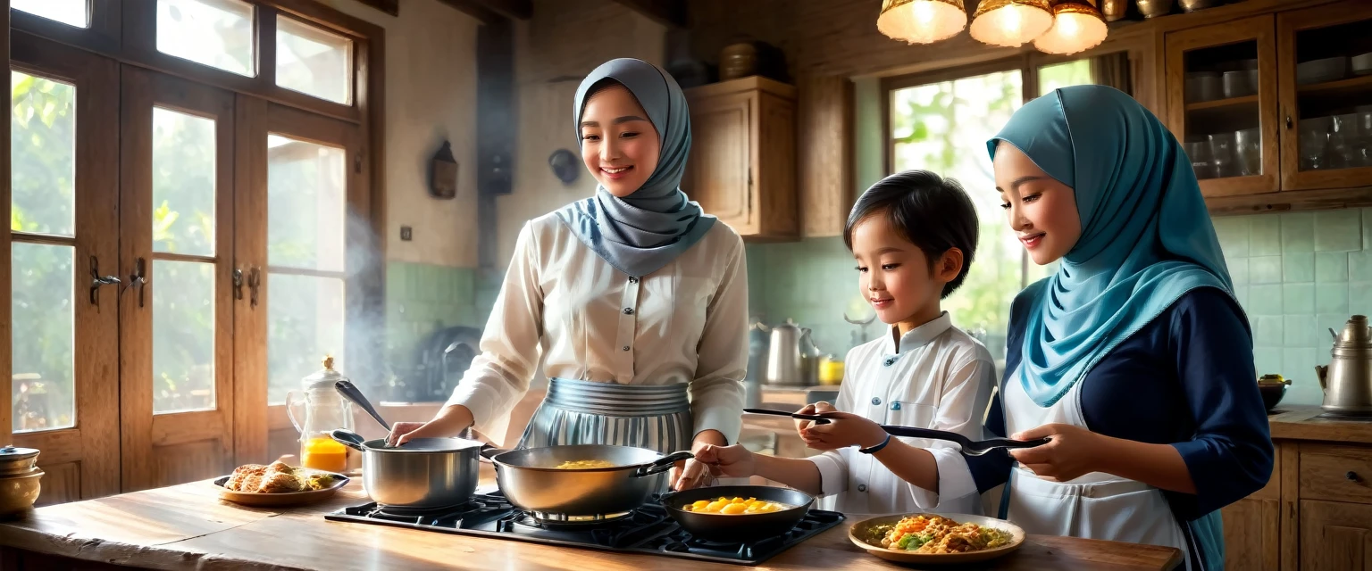 Landscape image of a beautiful, graceful 40-year-old Indonesian woman wearing a long Muslim dress and a hijab that covers her chest, cooking a fried egg while smiling. The bright morning sunlight streams through the window. The scene is set in a traditional Indonesian kitchen filled with utensils. To the left, a dining table is visible with her family (a father and two children, one boy and one girl) waiting for the meal to be served. The camera angle is wide and distant, capturing the entire scene clearly: the woman cooking at the stove, the kitchen, and father is a man aged 45 years, and 1 son 10 years old and 1 daughter 8 years old waiting at the dining table . (cinematic, good lighting, realistic, 8K)