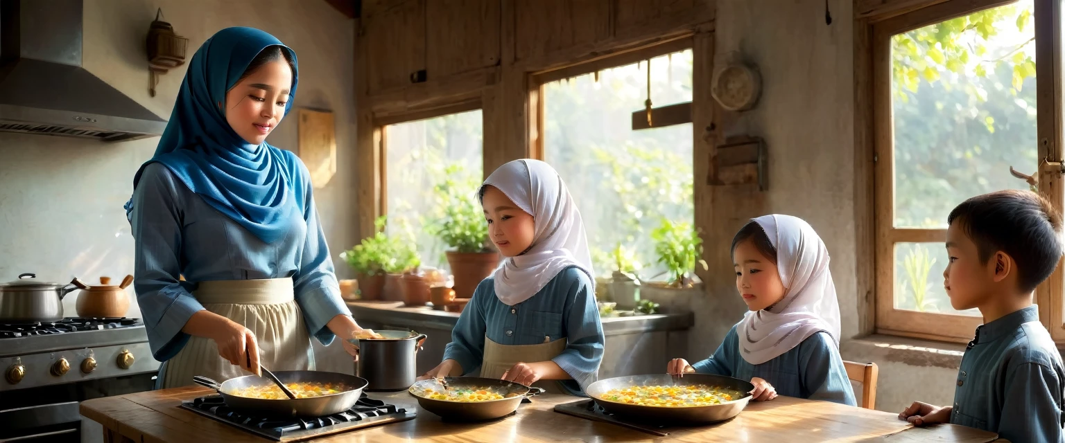 Landscape image of a beautiful, graceful 40-year-old Indonesian woman wearing a long Muslim dress and a hijab that covers her chest, cooking a fried egg while smiling. The bright morning sunlight streams through the window. The scene is set in a traditional Indonesian kitchen filled with utensils. To the left, a dining table is visible with her family (a father and two children, one boy and one girl) waiting for the meal to be served. The camera angle is wide and distant, capturing the entire scene clearly: the woman cooking at the stove, the kitchen, and father is a man aged 45 years, and 1 son  old and 1 daughter 8 years old waiting at the dining table . (cinematic, good lighting, realistic, 8K)