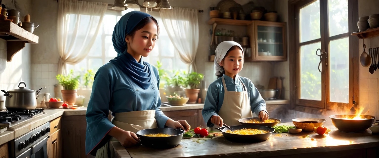 Landscape image of a beautiful, graceful 40-year-old Indonesian woman wearing a long Muslim dress and a hijab that covers her chest, cooking a fried egg while smiling. The bright morning sunlight streams through the window. The scene is set in a traditional Indonesian kitchen filled with utensils. To the left, a dining table is visible with her family (a father and two children, one boy and one girl) waiting for the meal to be served. The camera angle is wide and distant, capturing the entire scene clearly: the woman cooking at the stove, the kitchen, and father is a man aged 45 years, and 1 son  old and 1 daughter 8 years old waiting at the dining table . (cinematic, good lighting, realistic, 8K)