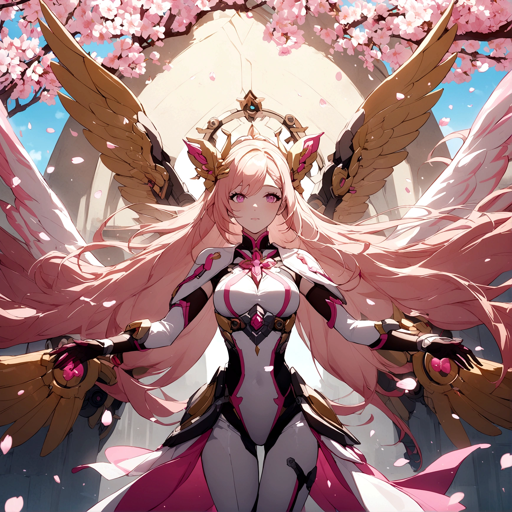 Pink mercy with long hair from overwatch surrounded by cherry blossoms in flight