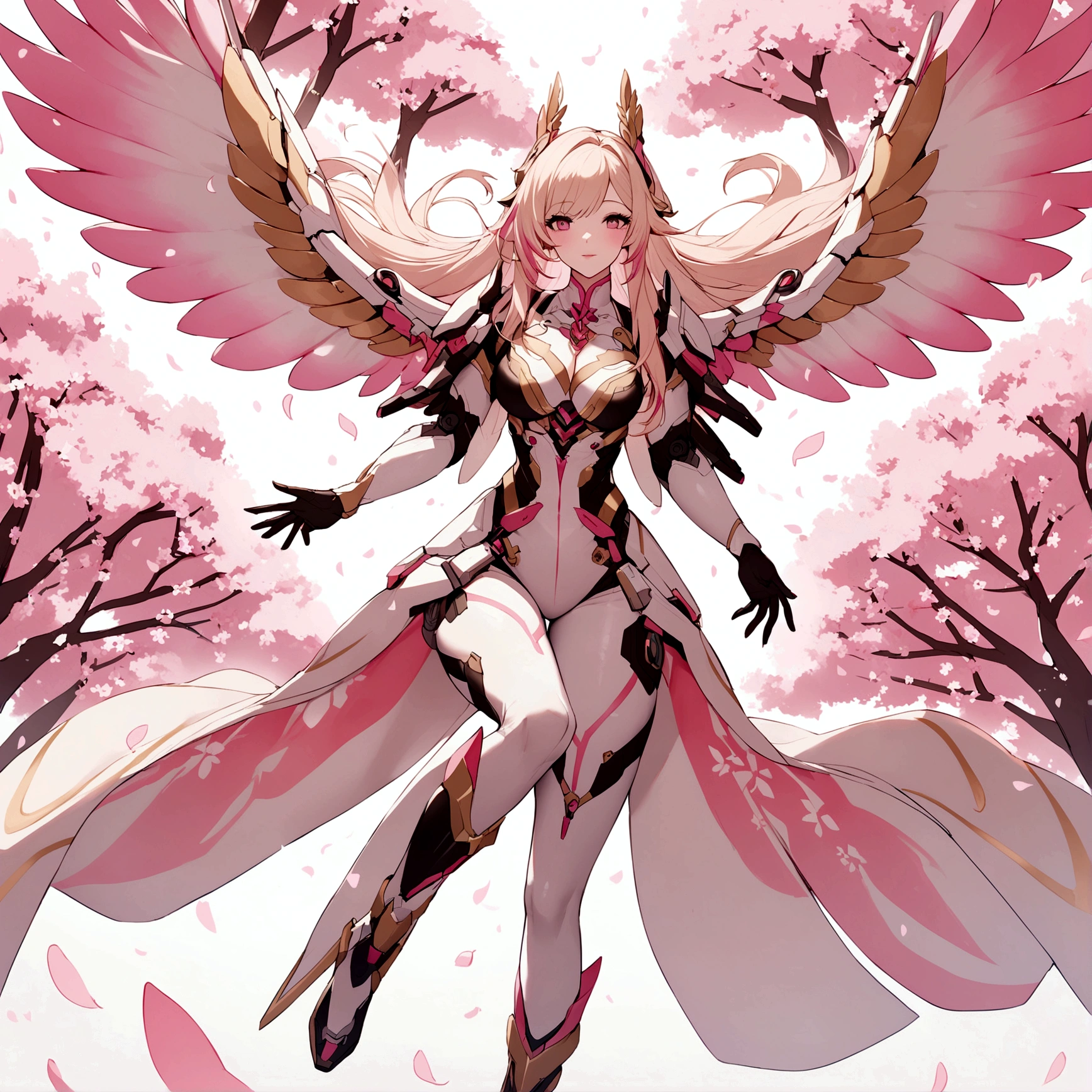Pink mercy with long hair from overwatch surrounded by cherry blossoms in flight