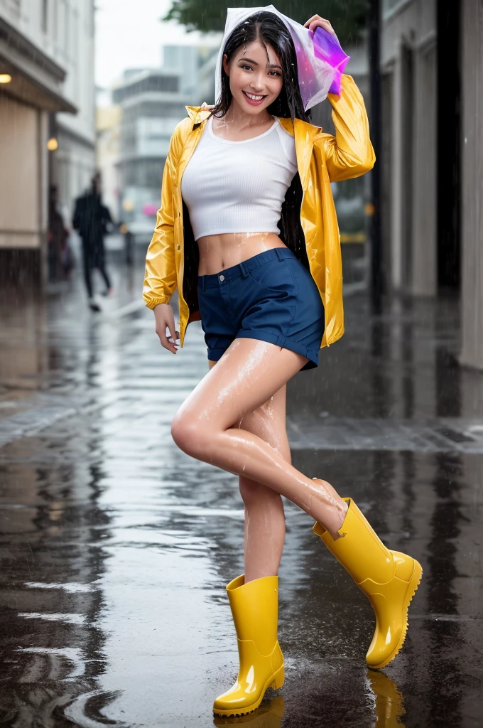 (a girl dancing in the rain with rain-boots and raincoat), 8K, of the highest quality, dancing, masterpiece:1.2), (smile:1.4), (joyful expression:1.0), (short pants:1.3), (Realistic, Photorealsitic:1.37), the highest quality, masterpiece, (wet street:0.4), wet, rain, ((blond hair)), Beautiful young woman, Pensive expression, charming, an inviting look, ((long wet hair)), dynamic posing, Cinematic background, Light skin tone,