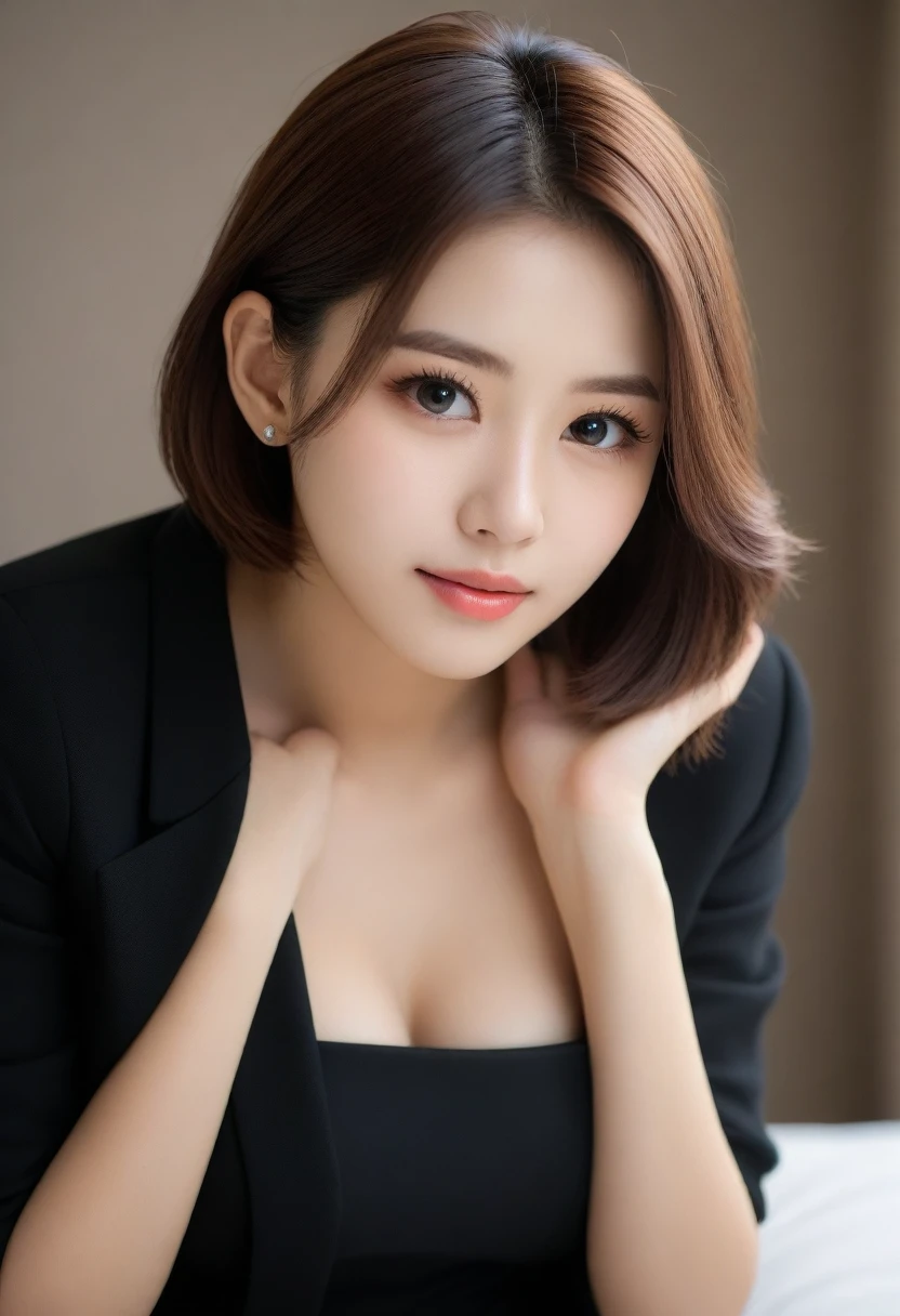 8k, Ultra-high resolution, Highest quality, masterpiece, 三分割法によるphotograph,Surreal, photograph, 1 girl, (:1.3), pretty girl, Cute face, Beautiful eyes in every detail, 細かくdetailedに,masterpiece,, One Girl:1.2, Japan Female Announcer,Young Wife,Urban area,whole body, Beautiful Face, (Skin with attention to detail:1.2), wearing black formal blazer,Black high heels、Black Pencil Skirt、Short Bob,Looking at the audience、beauty,Long neck、Laugh a little、Please close your mouth and laugh、(((Ideal body type))),A-cup small breasts :2,、Portraiture:2、Perfect Anatomy、鮮明なdetailed、detailed、Surreal、Light and shadow,Strong light