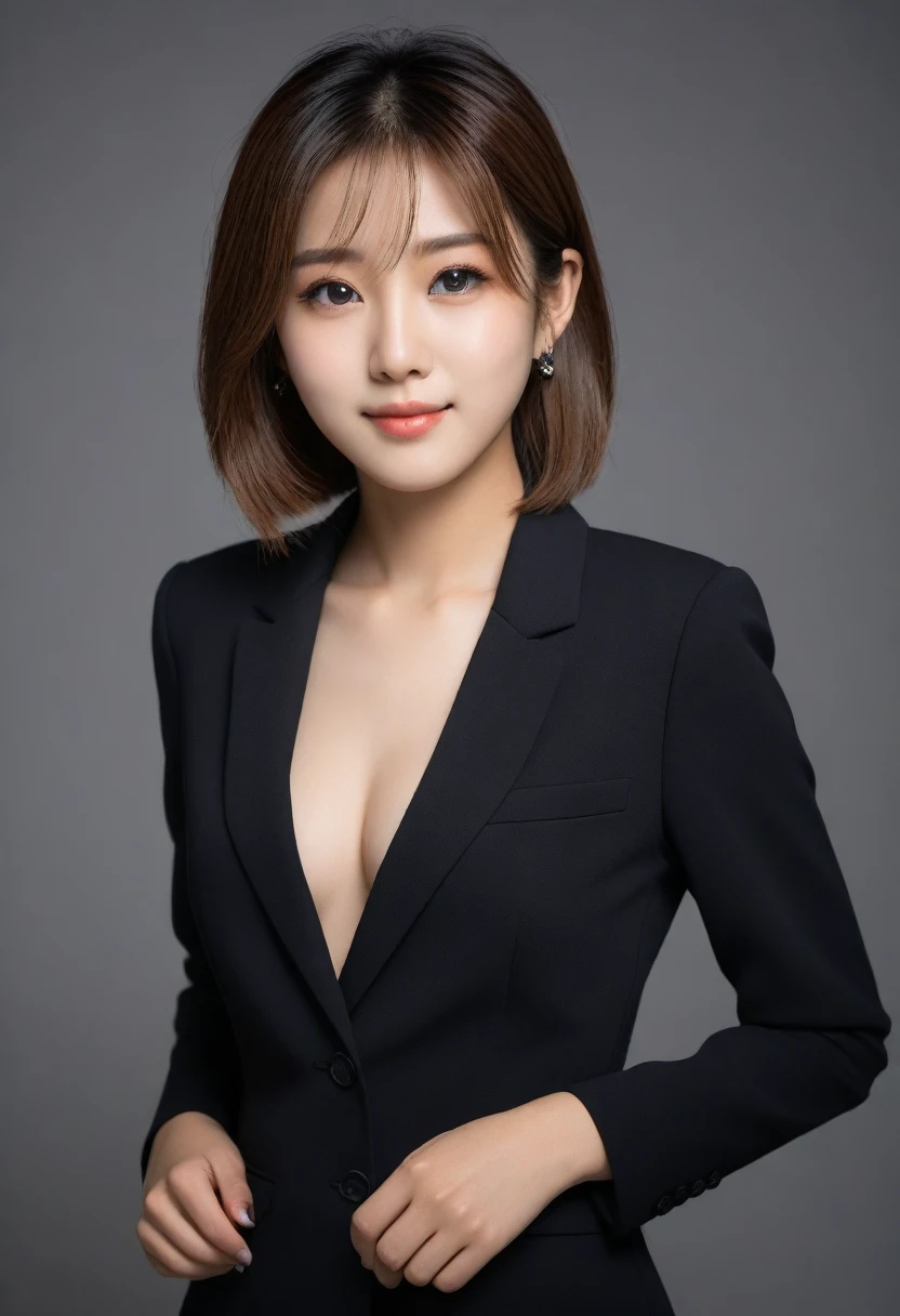 8k, Ultra-high resolution, Highest quality, masterpiece, 三分割法によるphotograph,Surreal, photograph, 1 girl, (:1.3), pretty girl, Cute face, Beautiful eyes in every detail, 細かくdetailedに,masterpiece,, One Girl:1.2, Japan Female Announcer,Young Wife,Urban area,whole body, Beautiful Face, (Skin with attention to detail:1.2), wearing black formal blazer,Black high heels、Black Pencil Skirt、Short Bob,Looking at the audience、beauty,Long neck、Laugh a little、Please close your mouth and laugh、(((Ideal body type))),A-cup small breasts :2,、Portraiture:2、Perfect Anatomy、鮮明なdetailed、detailed、Surreal、Light and shadow,Strong light 