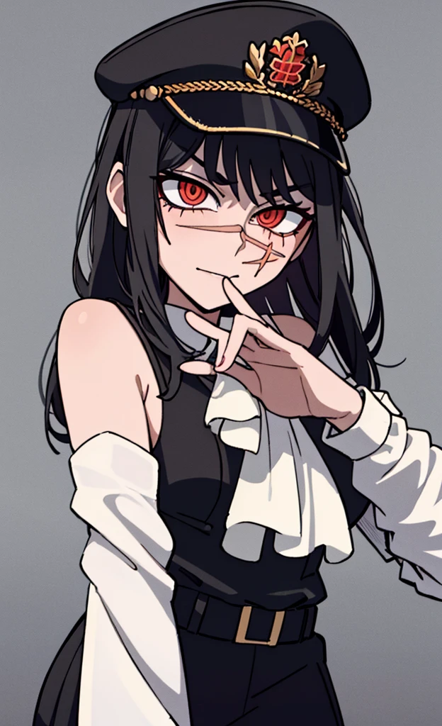 (masterpiece, best quality: 1.2), Solo, 1girl, Yoru \(Chainsaw Man\), looking at the viewer, different poses, red eye, long hair, completely black hair, reference to clothing of a German WWII general, black long sleeves (best quality), scar on face, beautiful eyes, has only 2 arms, has war medals on his clothes, Black Military Cap, Golden Eagle Medal on Clothing, (Wallpaper), (8K HD), (8K HD), Golden Shoulder Pads, Sprites, 1 Single Design (obra maestra, mejor calidad: 1.2), Solo, 1girl, Yoru \(Chainsaw Man\), mirando al espectador, sonrisa, MALVADA, diferentes poses, ojo rojos, cabello largo, cabello completamente negro, reference to clothing of a German general from World War II, mangas largas negras (mejor calidad), cicatriz en la cara, hermosos ojos, tiene solo 2 brazos, tiene medallas de guerra en su ropa, Gorra militar negra, Golden Eagle Medal in Dress, (fondo de pantalla), (8K HD), (8K HD), hombreras doradas, sprites, 1 single design