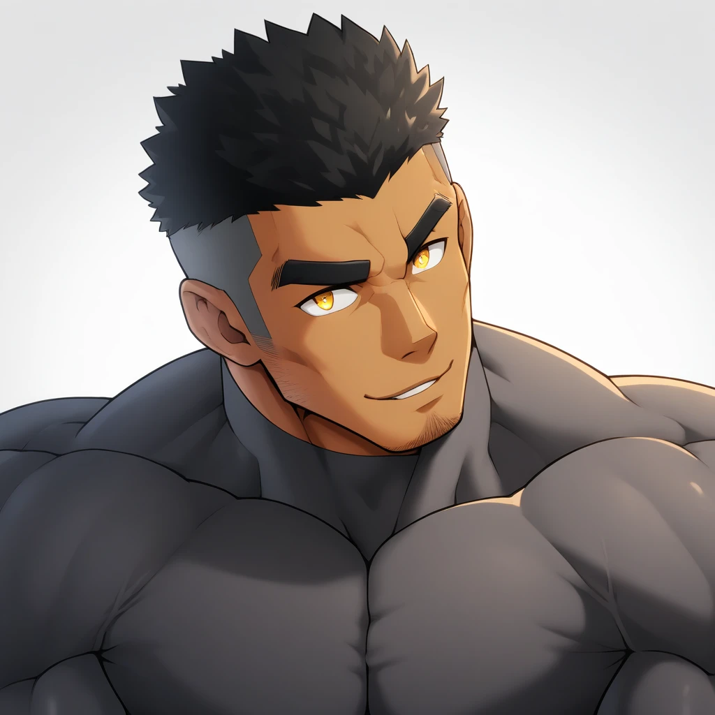 one negro, anime characters：Gyee, Muscle Sports Student, negro black skin, Very Black, 1 muscular tough guy, Manliness, male focus, Dark grey ong sleeve tights, Regular symmetrical pattern, Very tight, The pectoral muscles are oversized, muscular male, muscular, only, Upper body, alone, Black short hair, Thick eyebrows, stubble, Yellow eyes, White background, simple background, amazing quality, best aesthetics, Ridiculous, bright pupils, crew cut, parted lips, seductive smile, torogao, naughty face, best quality