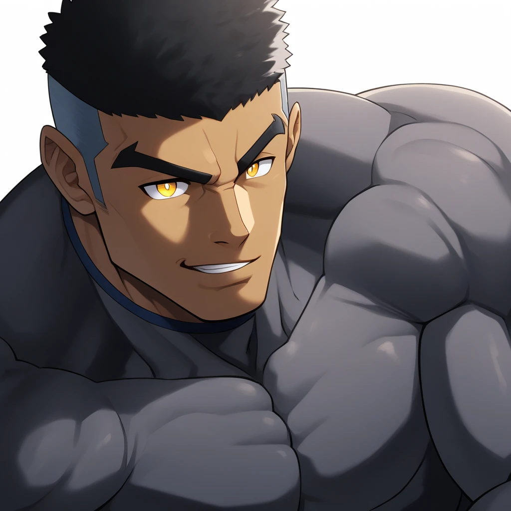 one negro, anime characters：Gyee, Muscle Sports Student, negro black skin, Very Black, 1 muscular tough guy, Manliness, male focus, Dark grey ong sleeve tights, Regular symmetrical pattern, Very tight, The pectoral muscles are oversized, muscular male, muscular, only, Upper body, alone, Black short hair, Thick eyebrows, stubble, Yellow eyes, White background, simple background, amazing quality, best aesthetics, Ridiculous, bright pupils, crew cut, parted lips, seductive smile, torogao, naughty face, best quality