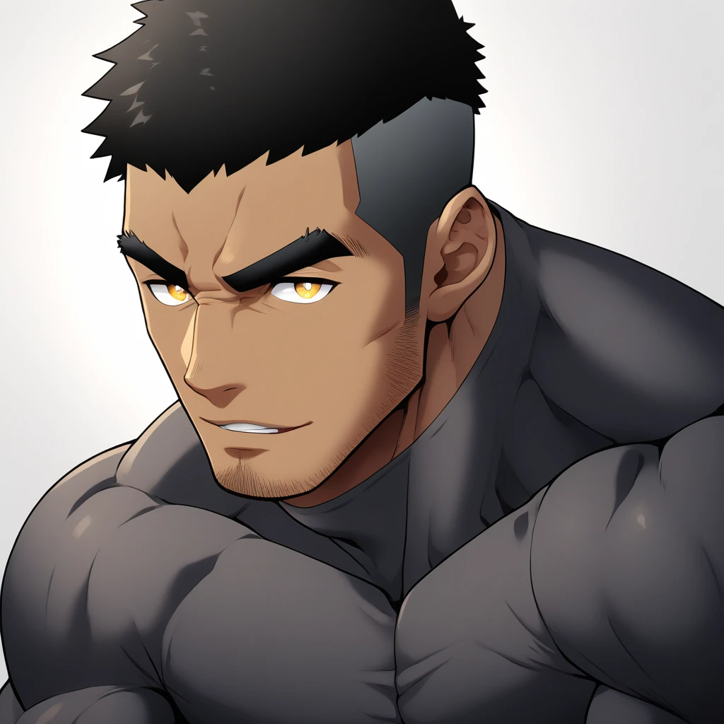 one negro, anime characters:Gyee, Muscle Sports Student, negro black skin, Very Black, 1 muscular tough guy, Manliness, male focus, Dark grey ong sleeve tights, Regular symmetrical pattern, Very tight, The pectoral muscles are oversized, muscular male, muscular, only, Upper body, alone, Black short hair, Thick eyebrows, stubble, Yellow eyes, White background, simple background, amazing quality, best aesthetics, Ridiculous, bright pupils, crew cut, parted lips, seductive smile, torogao, naughty face, best quality