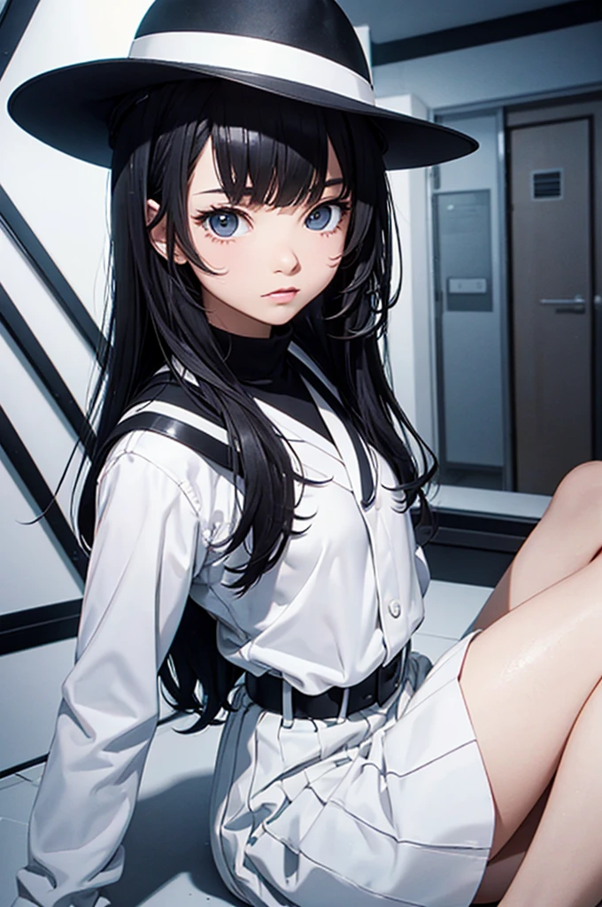 Top-Quality, Futuristic Atmosphere: 1.5,
japanese school girl (a la Jay Kay),ten, cute,detailed face, stylish hat: 1.4,black school-uniform: 1.3,
Dancing in a minimalistic white room: 1.5,Room without windows,A simple room with only a sofa,
Sleek, clean design with a glossy white floor: 1.4,
Subtle reflections on the floor, 
Slightly surreal, reminiscent of the iconic music video 'Virtual Insanity' by jamiroquai,