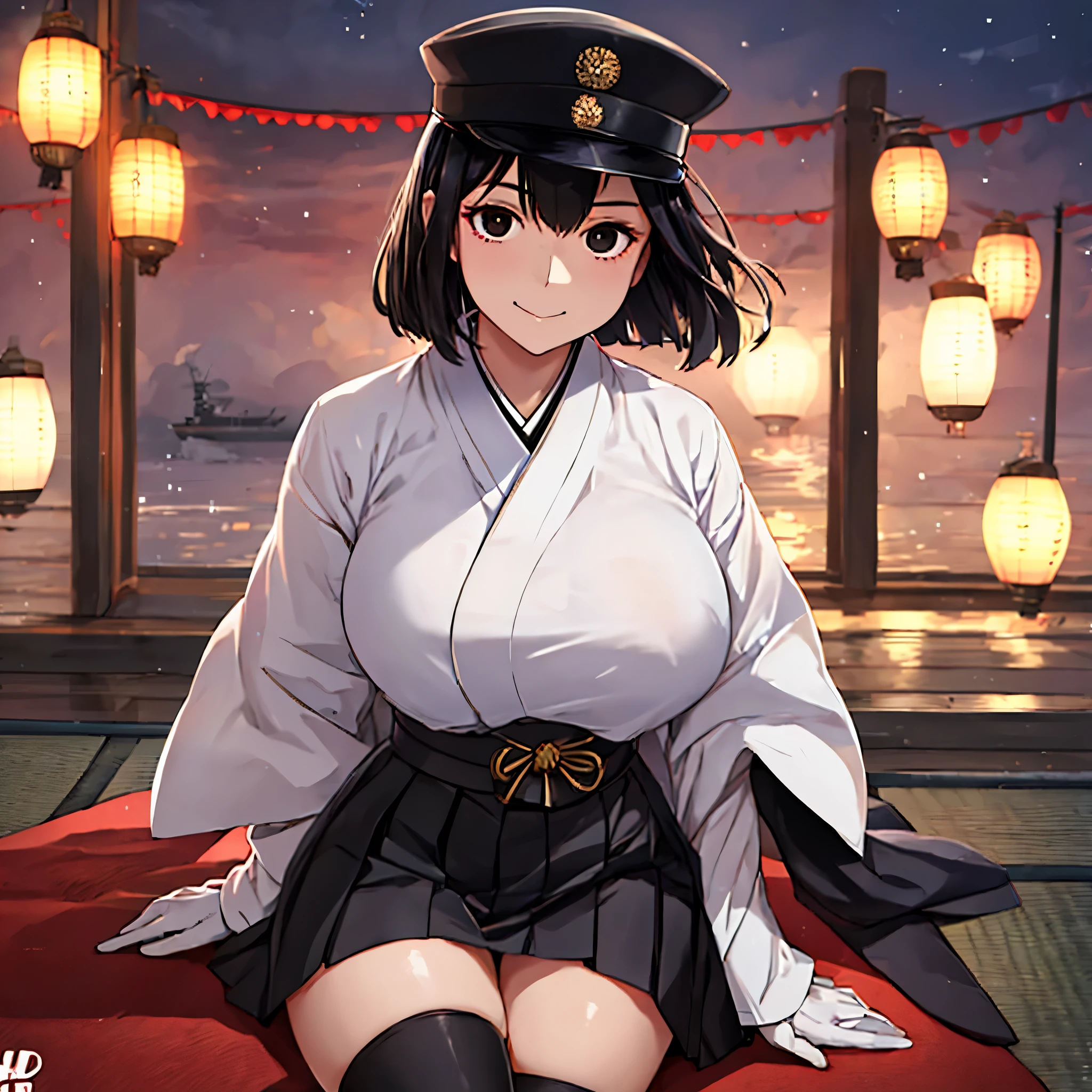 A woman wearing a black Japanese military uniform, black skirt, black imperial Japanese military hat, short black hair, black eyes, in a military naval port, Japanese flag in the background, Japanese aesthetics in place, big breasts, smiling...UHD , work- prime, precise, anatomically correct, textured skin, super details, high quality, best quality, 8k, high resolution, bokeh effect. (woman solo)
